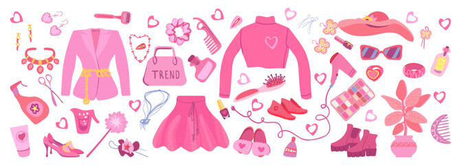 Barbiecore set, pink trendy set, doll aesthetic accessories.