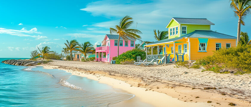 Beach on Ocean Cay Bahamas Island with colorful houses and tropic background