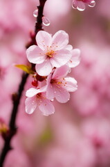 Fototapeta premium Soft pink cherry blossoms covered in glistening dew drops