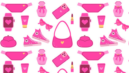 Pink accessories  pattern. Pink trendy pattern, pink doll aesthetic accessories pattern. Vector illustration. A collection of accessories pattern