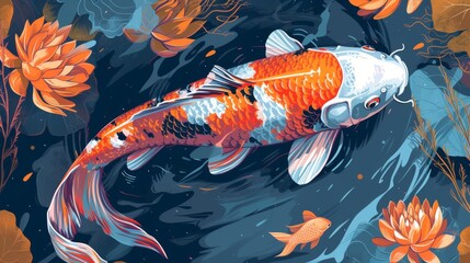 Japanese Koi fish art. Decorative Asian fish in a pond or river. 