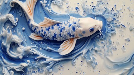 Japanese Koi fish art in blue colors. Decorative Asian fish in a pond or river. 