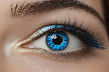 close up of female eye with blue eyelashes