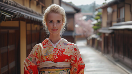 日本を観光　和服を着て楽しむ外国人女性