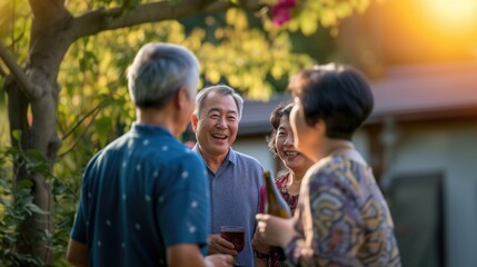 Neighborhood meeting outdoors in eastern country with cheerful smiling senior retiree people talking and laughing outside