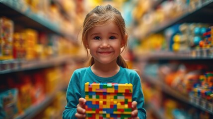little girl in a shop, a little girl holding a package of gifts made of Lego blocks, blurred backgrounds of endless shelves full of Lego