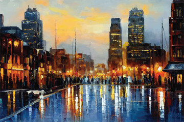 Beautiful city skyline view oil painting. Oil paintings city landscape.  Skyline city view. city landscape painting, background of paint. City landscape with beautiful buildings, roads, and lights. - obrazy, fototapety, plakaty