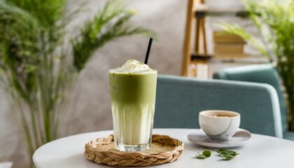 Iced matcha latte standing on a white table in a cafe; coffee shop