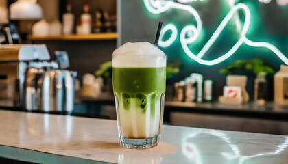Iced matcha latte standing on a counter in a cafe; coffee shop; neon sign in the background