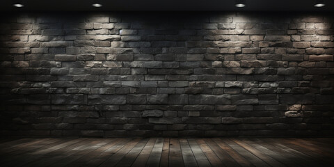 The background of the black brick wall and the light of the lamp.
