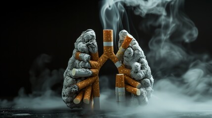 Dramatic anti-smoking image with cigarettes replacing lungs, suggesting instability and health risks, suitable for cancer campaigns or health awareness events.