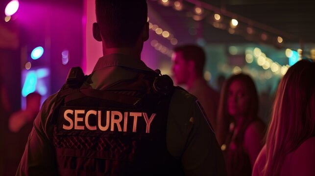 A security person facing a crowd in a vibrant nightlife setting, potentially useful for event security or festival promotion.