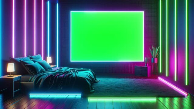 Green screen TV in the bedroom. Night neon background.