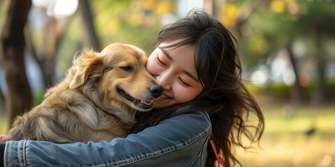 A woman in casual attire lovingly embraces her golden retriever in a sunlit park, conveying warmth and affection – ideal for family and pet-related themes.
