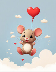 graphics of a  mouse with red heart-shaped balloons