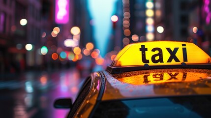 Checkers on the roof of the car with the inscription taxi against the backdrop of the night city. Tourism and travel in big cities