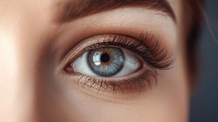 Obraz premium Macro image of a human female eye with thick eyelashes and daytime makeup. Vision and eye cosmetics