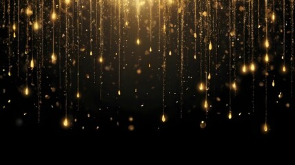 Fototapeta na wymiar Shiny golden rain with sequins falling on black background, festive background with sparkling particles, for party, poster, greeting card