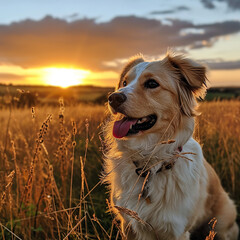 Joyful Dog Enjoying Sunset in Countryside: A Serene End to a Playful Day