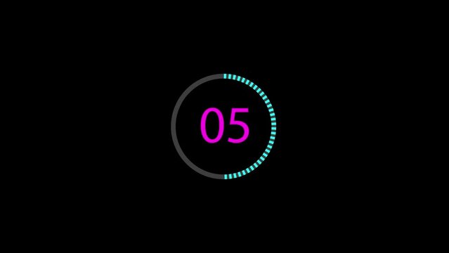 Neon Light Seconds Countdown on black background. Running dynamic light. Timer from 60 to 0 seconds. 1 minute countdown. 30 or 10 seconds. Big 3D Numbers animated for intros