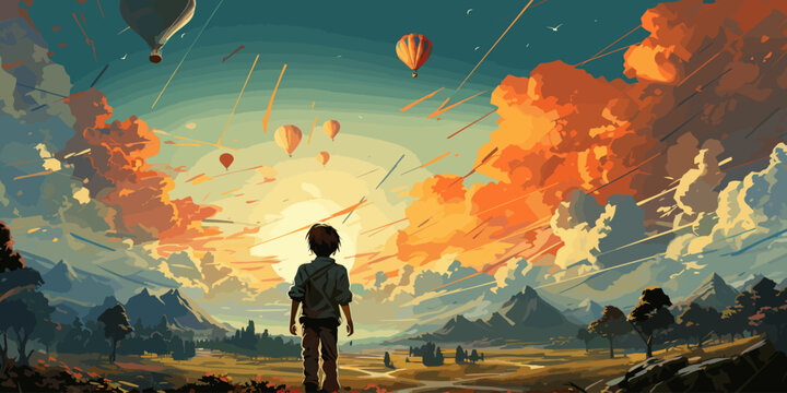 the boy plays paper airplanes and looking at planes flying in the sunset sky, digital art style, illustration painting