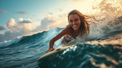 A young happy girl on a surfboard rides a wave in tropical waters against the backdrop of a seascape. Beach holiday background
