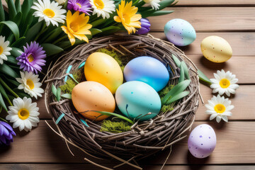 Obraz na płótnie Canvas Nest with colorful Easter eggs and flowers on wooden background.