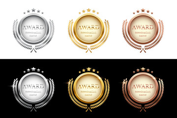 Medals for first, second, third place with laurel wreath and text Award Nomination name. Gold, silver and bronze ranks on white and black background. Championship in sport or movie vector illustration