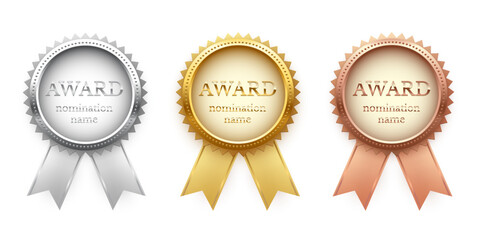 Medals for first, second, third place with ribbons and text Award Nomination name. Gold, silver and bronze ranks on white background. Championship in sport or movie vector illustration