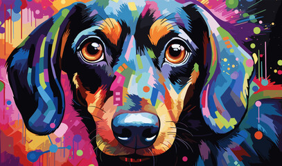 Whimsical illustration of a Dachshund puppy with vibrant colorful abstract artwork painting background