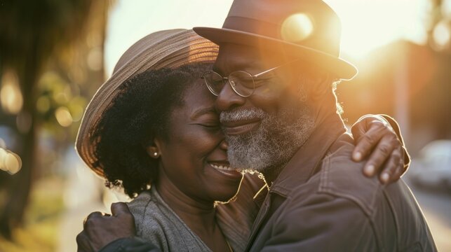 old person with a cross, portrait of a nice black woman and black man hugging each other, looking happy and loving, backlight, street style photo, extremely