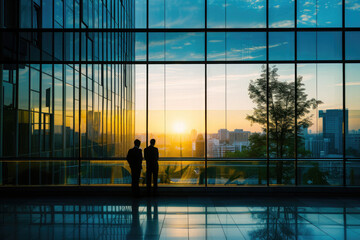 Silhouette of business people standing in office building with sunlight - obrazy, fototapety, plakaty