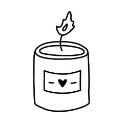 Cute doodle of burning aroma candle with label. Trendy wax candle for spa therapy, relaxation, romance, hygge home decoration. Simple clipart with hand drawn outline isolated on white