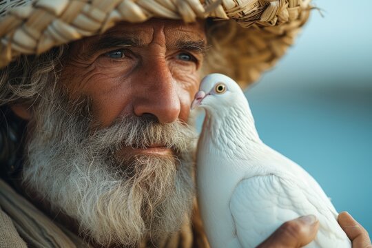 Old man with a white dove on the sea background.