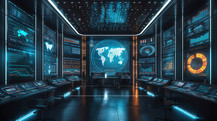 Futuristic Control Room Monitoring Global Cybersecurity