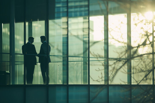 Silhouette of business people standing in office building with sunlight