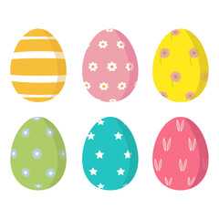 Vector illustration of six colorful easter eggs with pattern design isolated on white background