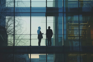 Fototapeta na wymiar Silhouette of business people standing in office building with sunlight