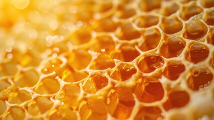 Close-up of golden honeycomb texture with sunlight. Natural organic pattern.