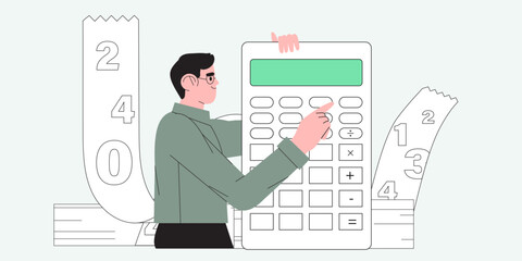 Tax time vector illustration. Character preparing documents for tax calculation, making income tax return and calculating business invoices. Taxation concept. Online accountant service for business.