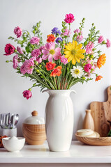 Bouquet of colorful flowers displayed in vase on marble countertop. Chic home styling, vibrant floral arrangement, modern interior design. Website header with copy space. Generative AI