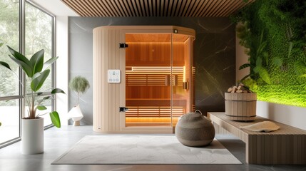 Home sauna unit in a bright interior design with plants and natural light.