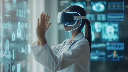 Young female doctor studying at intern practice using futuristic VR technology glasses with medical digital overlay in front of her
