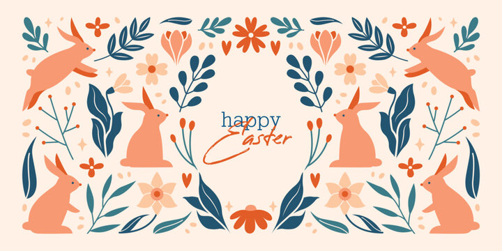 Creative horizontal web banner to Happy Easter Day. Cute vector card, invitation with ornament of rabbits, bunnies, plants, flowers, spring daffodils, calligraphy on white background. Springtime