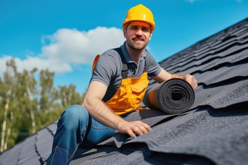 Confident roofer installing shingles on a new house. - obrazy, fototapety, plakaty