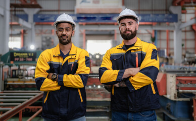 Group of people wear safety helmet uniform standing together in factory. Engineer technician team in hardhat working in manufacturing. Multicultural colleague caucasian latin men in steel production.