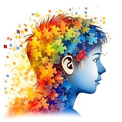 Human profile constructed from multi-colored puzzle pieces, symbolizing the complexity and diversity of individuals with autism. 