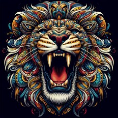 Colorful Illustration of decorated powerful lion head