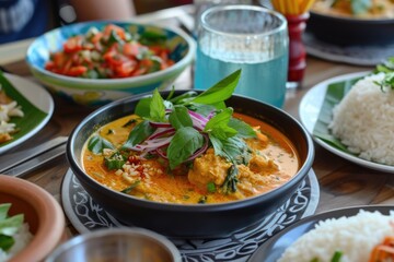 Thai red curry with chicken and basil served with rice and vegetables.