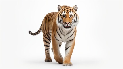 A powerful and majestic scene capturing a tiger, masterfully isolated against a pristine white background 